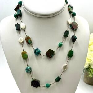 Margo Morrison Chrysocolla Malachite Chalcedony Crystal Green Blue Long Necklace